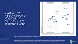 2021 ガートナー
マジッククワドラントで
インサイトエンジン
チャレンジャーとして
認識された Elastic
Gartner, “Magic Quadrant for Insight Engines,” Stephen Emmott, Anthony Mullen, March 2021
This graphic was published by Gartner, Inc. as part of a larger research document and should be evaluated in the context of the entire document. The Gartner document is available
upon request from [insert client name or reprint URL].
Gartner does not endorse any vendor, product or service depicted in its research publications and does not advise technology users to select only those vendors with the highest
ratings or other designation. Gartner research publications consist of the opinions of Gartner’s research organization and should not be construed as statements of fact. Gartner
disclaims all warranties, expressed or implied, with respect to this research, including any warranties of merchantability or fitness for a particular purpose. GARTNER is a registered
trademark and service mark of Gartner, Inc. and/or its affiliates in the U.S. and internationally, and is used herein with permission. All rights reserved.
 