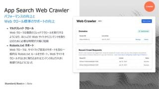App Search Web Crawler
パフォーマンスの向上と
Web クロール標準のサポートの向上
Theme
Standard/Basic+ | Beta
➔ マルチスレッド クロール
Web クローラは複数のスレッドでクロールを実⾏する
ようになり、ほとんどの Web サイトからコンテンツを取り
込むために必要な時間が⼤幅に短縮
➔ Robots.txt サポート
Web クローラは、サイトマップ宣⾔のサポートを含む⼀
般的な Robot.txt ルールをサポート。Web サイトを
クロールするときに取り込まれるコンテンツをより⼤きく
制御できるようになった
Crawler
 