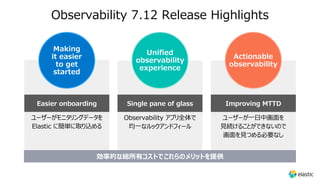 Observability 7.12 Release Highlights
Making
it easier
to get
started
ユーザーがモニタリングデータを
Elastic に簡単に取り込める
Easier onboarding
Observability アプリ全体で
均⼀なルックアンドフィール
Single pane of glass
ユーザーが⼀⽇中画⾯を
⾒続けることができないので
画⾯を⾒つめる必要なし
Improving MTTD
Actionable
observability
効率的な総所有コストでこれらのメリットを提供
Unified
observability
experience
 