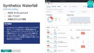 • MIME タイプによるフィルタ
• URL でフィルタ
• 詳細なオブジェクト情報
•
Synthetics Waterfall
エクスペリエンスの向上
何が重要か
● JavaScript のような特定の MIME タイプですばやく
ゼロにし、ページの読み込みへの影響を確認する
● URL でフィルタリングしてアクティビティとパフォーマンス
を確認することで、サードパーティの上位に移動する
● キャッシュ ポリシーが正しく構成されていないか、ユー
ザーのエクスペリエンスに影響する複数の不要な TLS
接続がないかを確認する
Unified o11y
experience
????
Platinum
Enterprise
Gold
Standard /
Basic
Alpha
Tech Preview
Experimental
 