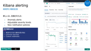 新しい点、改善された点:
• Anomaly alerts
• Adjustable severity levels
• New notification policies
Kibana alerting
継続的に機能拡張
Actionable
o11y
????
Platinum
Enterprise
Gold
Standard /
Basic
OSS
Standard / Basic
++ Alpha
Tech Preview
Experimental
Beta
GA
何が重要なのか
● 希望する⽅法で通知を受け取る
● Common services
● Custom webhooks
 