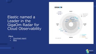 Elastic named a
Leader in the
GigaOm Radar for
Cloud Observability
アセット
● Download report
● Blog
 