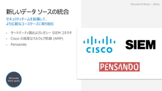 • サードパーティ製およびレガシー SIEM コネクタ
• Cisco の⾼度なマルウェア防御 (AMP)
• Pensando
新しいデータ ソースの統合
セキュリティチームを装備して、
より広範なユースケースに取り組む
Standard/Basic | Beta
Eliminate
blind spots
 