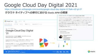 Google Cloud Day Digital 2021
https://cloudonair.withgoogle.com/events/google-cloud-day-digital-21?talk=d2-gl-27
クラウド ネイティブへの移⾏における Elastic APM の概要
 