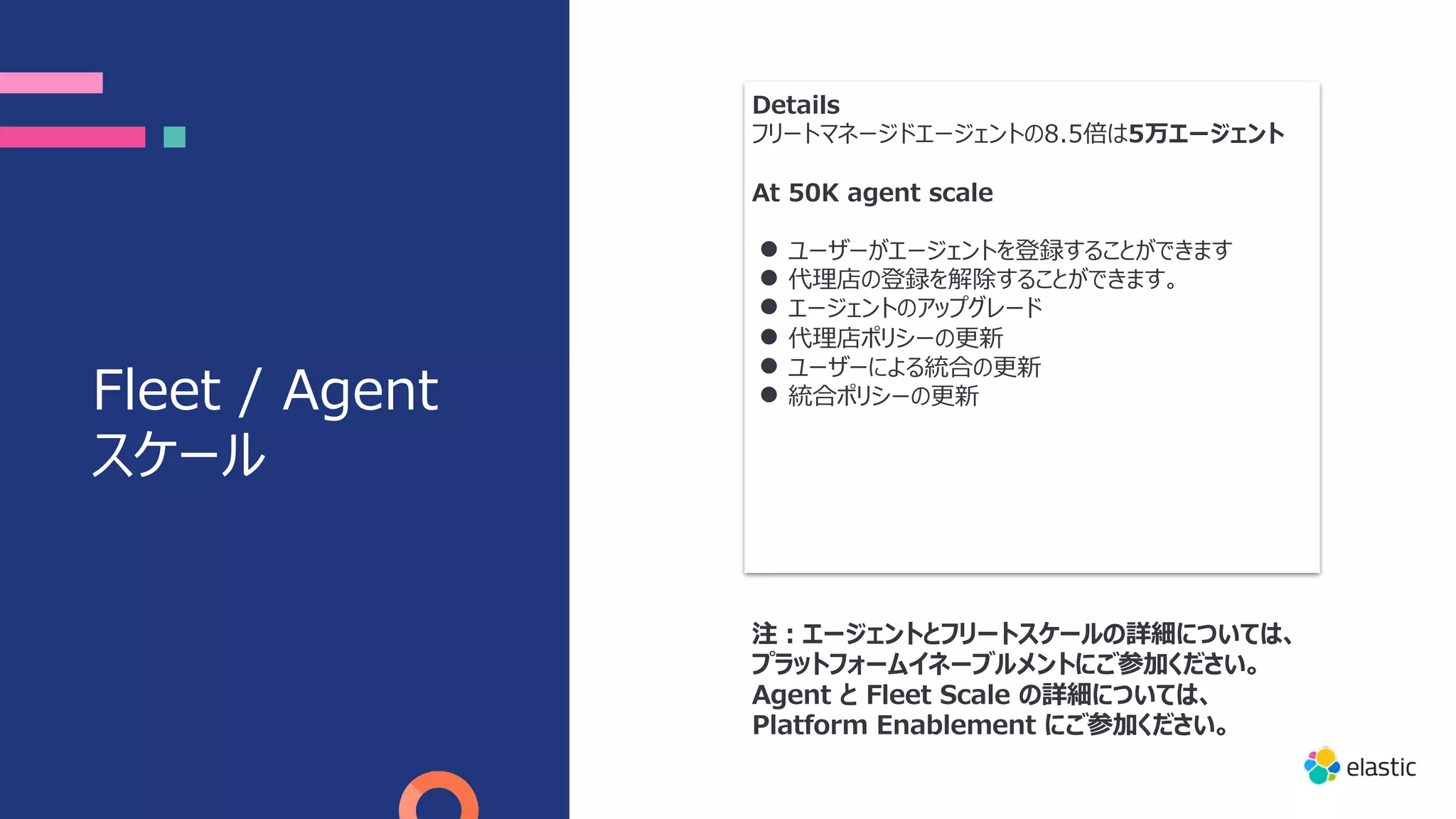 Fleet / Agent
スケール
Details
フリートマネージドエージェントの8.5倍は5万エージェント
At 50K agent scale
● ユーザーがエージェントを登録することができます
● 代理店の登録を解除することができます。
● エージェントのアップグレード
● 代理店ポリシーの更新
● ユーザーによる統合の更新
● 統合ポリシーの更新
注︓エージェントとフリートスケールの詳細については、
プラットフォームイネーブルメントにご参加ください。
Agent と Fleet Scale の詳細については、
Platform Enablement にご参加ください。
 