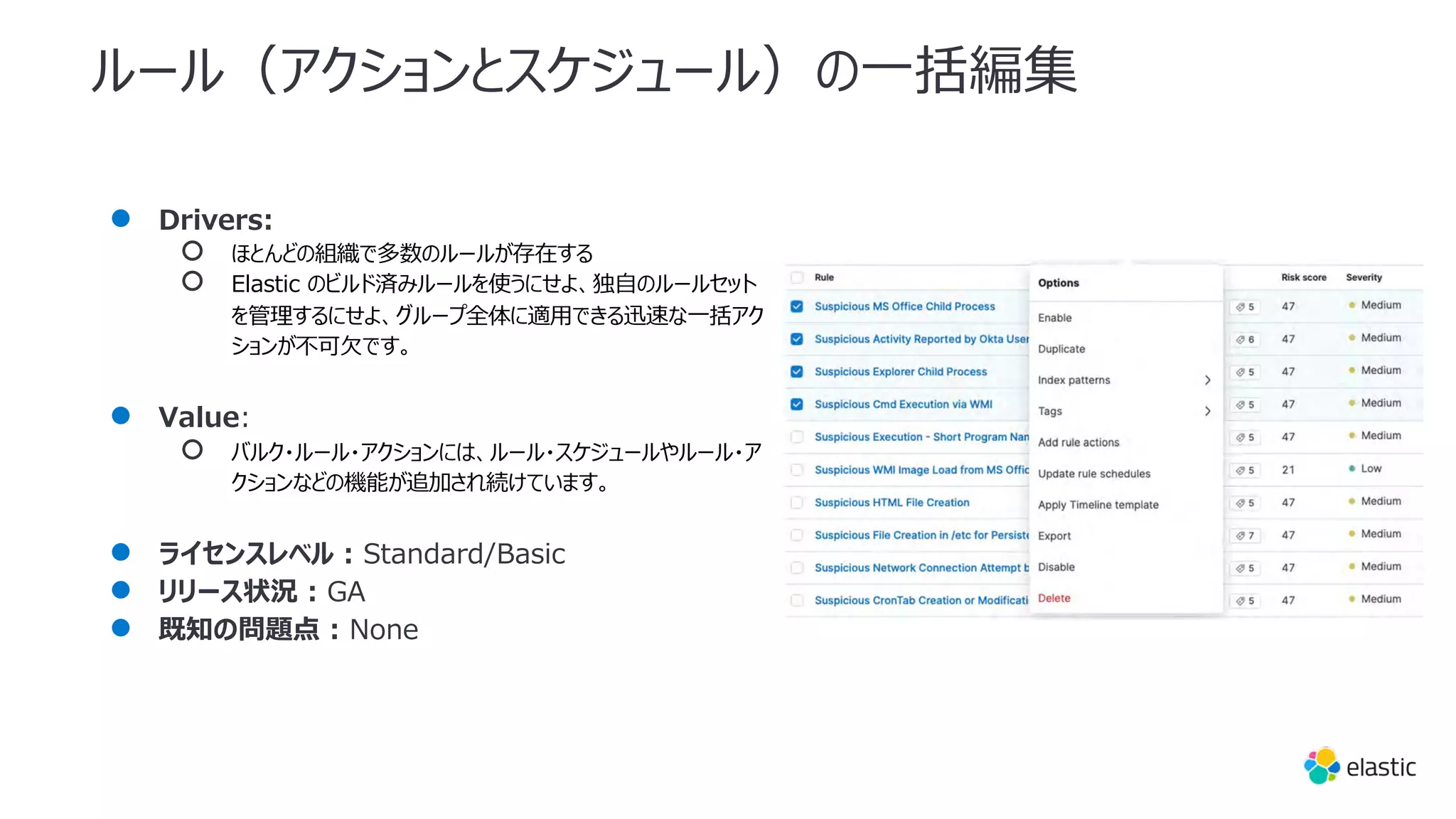 ルール（アクションとスケジュール）の⼀括編集
● Drivers:
○ ほとんどの組織で多数のルールが存在する
○ Elastic のビルド済みルールを使うにせよ、独⾃のルールセット
を管理するにせよ、グループ全体に適⽤できる迅速な⼀括アク
ションが不可⽋です。
● Value:
○ バルク・ルール・アクションには、ルール・スケジュールやルール・ア
クションなどの機能が追加され続けています。
● ライセンスレベル : Standard/Basic
● リリース状況 : GA
● 既知の問題点 : None
 