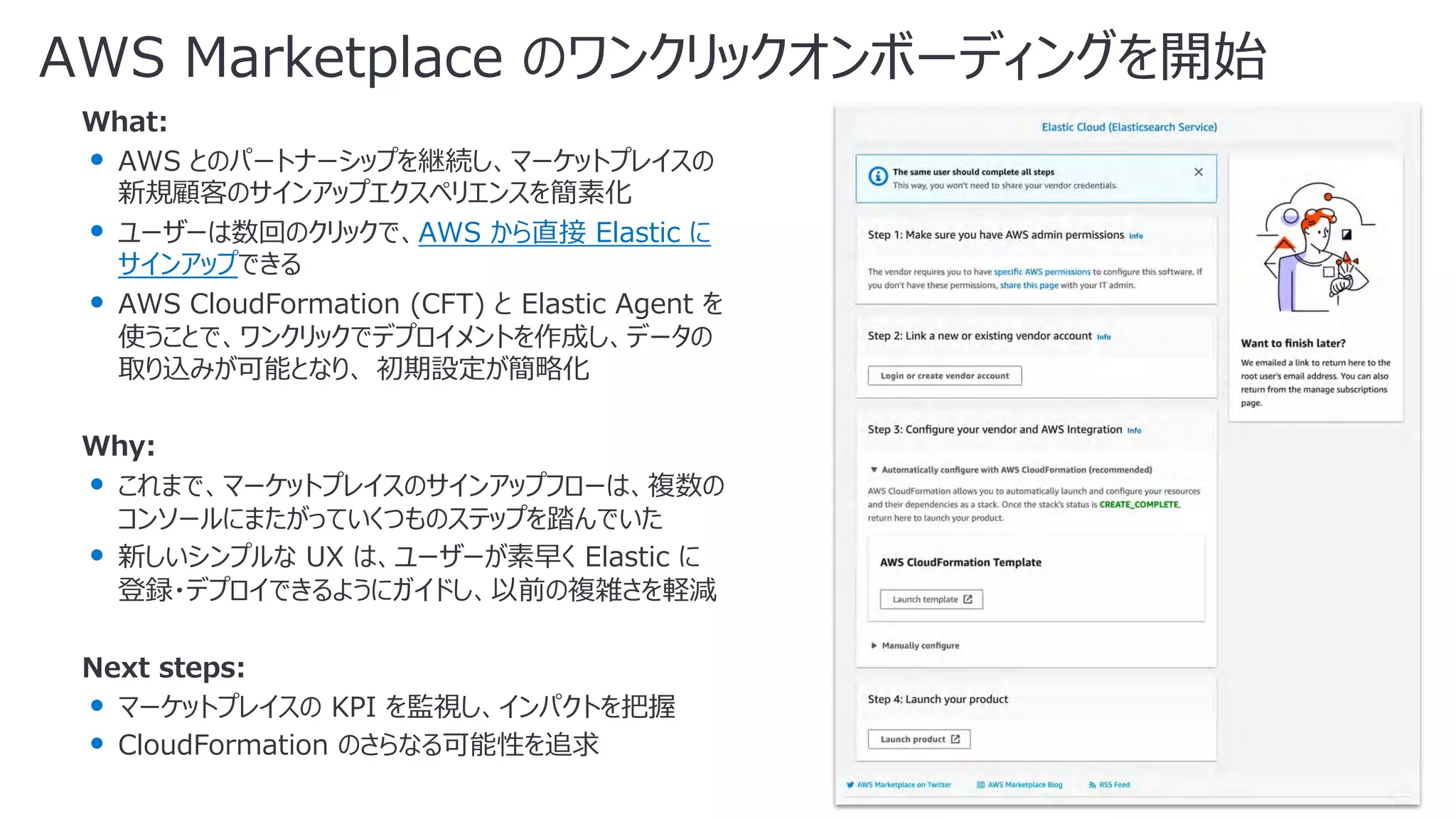 What:
• AWS とのパートナーシップを継続し、マーケットプレイスの
新規顧客のサインアップエクスペリエンスを簡素化
• ユーザーは数回のクリックで、AWS から直接 Elastic に
サインアップできる
• AWS CloudFormation (CFT) と Elastic Agent を
使うことで、ワンクリックでデプロイメントを作成し、データの
取り込みが可能となり、 初期設定が簡略化
Why:
• これまで、マーケットプレイスのサインアップフローは、複数の
コンソールにまたがっていくつものステップを踏んでいた
• 新しいシンプルな UX は、ユーザーが素早く Elastic に
登録・デプロイできるようにガイドし、以前の複雑さを軽減
Next steps:
• マーケットプレイスの KPI を監視し、インパクトを把握
• CloudFormation のさらなる可能性を追求
AWS Marketplace のワンクリックオンボーディングを開始
 