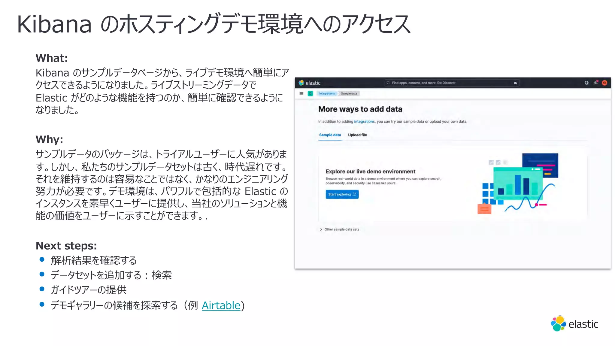 What:
Kibana のサンプルデータページから、ライブデモ環境へ簡単にア
クセスできるようになりました。ライブストリーミングデータで
Elastic がどのような機能を持つのか、簡単に確認できるように
なりました。
Why:
サンプルデータのパッケージは、トライアルユーザーに⼈気がありま
す。しかし、私たちのサンプルデータセットは古く、時代遅れです。
それを維持するのは容易なことではなく、かなりのエンジニアリング
努⼒が必要です。デモ環境は、パワフルで包括的な Elastic の
インスタンスを素早くユーザーに提供し、当社のソリューションと機
能の価値をユーザーに⽰すことができます。.
Next steps:
• 解析結果を確認する
• データセットを追加する︓検索
• ガイドツアーの提供
• デモギャラリーの候補を探索する（例 Airtable)
Kibana のホスティングデモ環境へのアクセス
 