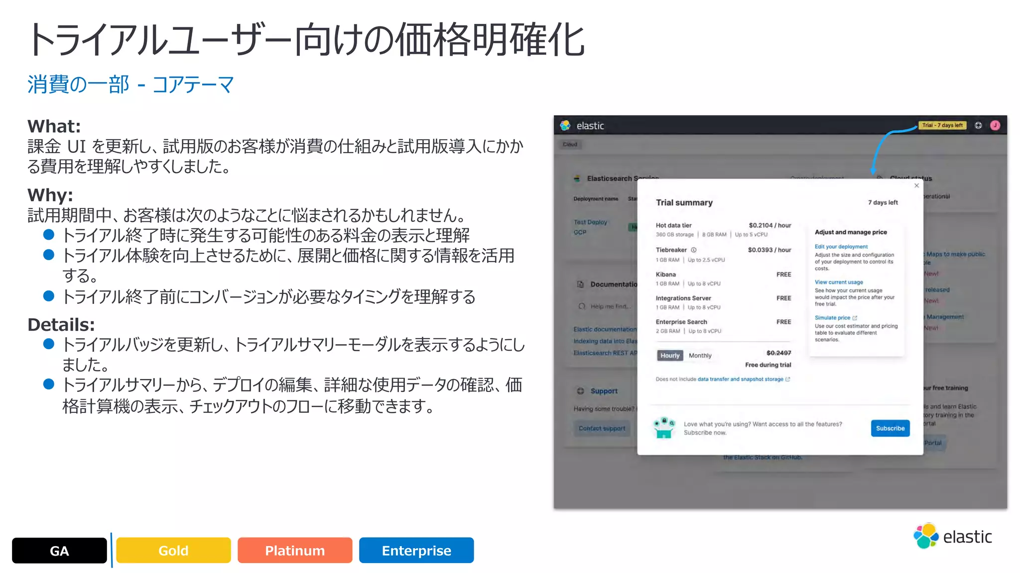 What:
課⾦ UI を更新し、試⽤版のお客様が消費の仕組みと試⽤版導⼊にかか
る費⽤を理解しやすくしました。
Why:
試⽤期間中、お客様は次のようなことに悩まされるかもしれません。
● トライアル終了時に発⽣する可能性のある料⾦の表⽰と理解
● トライアル体験を向上させるために、展開と価格に関する情報を活⽤
する。
● トライアル終了前にコンバージョンが必要なタイミングを理解する
Details:
● トライアルバッジを更新し、トライアルサマリーモーダルを表⽰するようにし
ました。
● トライアルサマリーから、デプロイの編集、詳細な使⽤データの確認、価
格計算機の表⽰、チェックアウトのフローに移動できます。
トライアルユーザー向けの価格明確化
消費の⼀部 - コアテーマ
Gold
GA Enterprise
Platinum
 