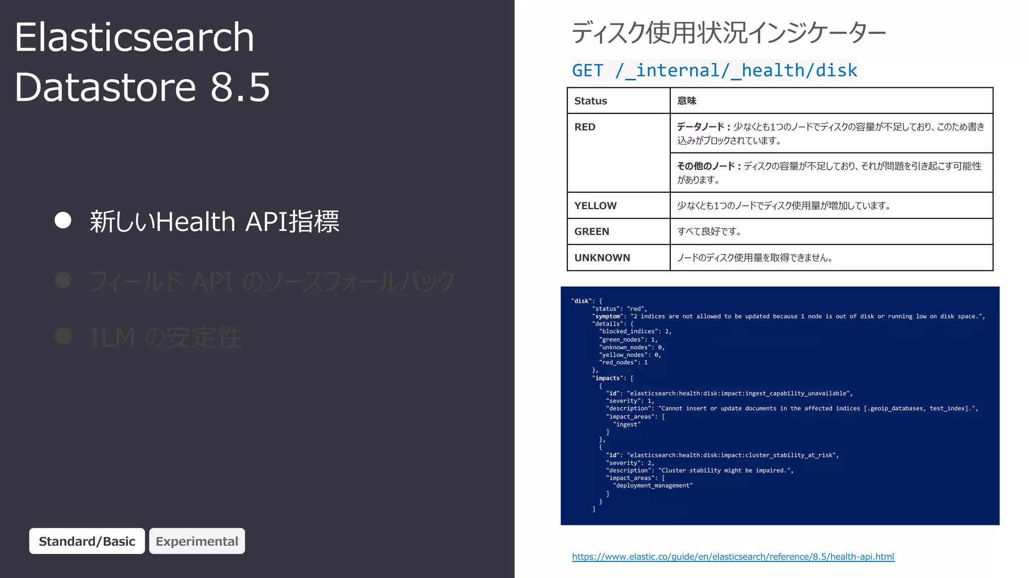 ディスク使⽤状況インジケーター
● 新しいHealth API指標
● フィールド API のソースフォールバック
● ILM の安定性
Elasticsearch
Datastore 8.5
"disk": {
"status": "red",
"symptom": "2 indices are not allowed to be updated because 1 node is out of disk or running low on disk space.",
"details": {
"blocked_indices": 2,
"green_nodes": 1,
"unknown_nodes": 0,
"yellow_nodes": 0,
"red_nodes": 1
},
"impacts": [
{
"id": "elasticsearch:health:disk:impact:ingest_capability_unavailable",
"severity": 1,
"description": "Cannot insert or update documents in the affected indices [.geoip_databases, test_index].",
"impact_areas": [
"ingest"
]
},
{
"id": "elasticsearch:health:disk:impact:cluster_stability_at_risk",
"severity": 2,
"description": "Cluster stability might be impaired.",
"impact_areas": [
"deployment_management"
]
}
]
Status 意味
RED データノード︓少なくとも1つのノードでディスクの容量が不⾜しており、このため書き
込みがブロックされています。
その他のノード︓ディスクの容量が不⾜しており、それが問題を引き起こす可能性
があります。
YELLOW 少なくとも1つのノードでディスク使⽤量が増加しています。
GREEN すべて良好です。
UNKNOWN ノードのディスク使⽤量を取得できません。
https://www.elastic.co/guide/en/elasticsearch/reference/8.5/health-api.html
GET /_internal/_health/disk
Standard/Basic Experimental
 
