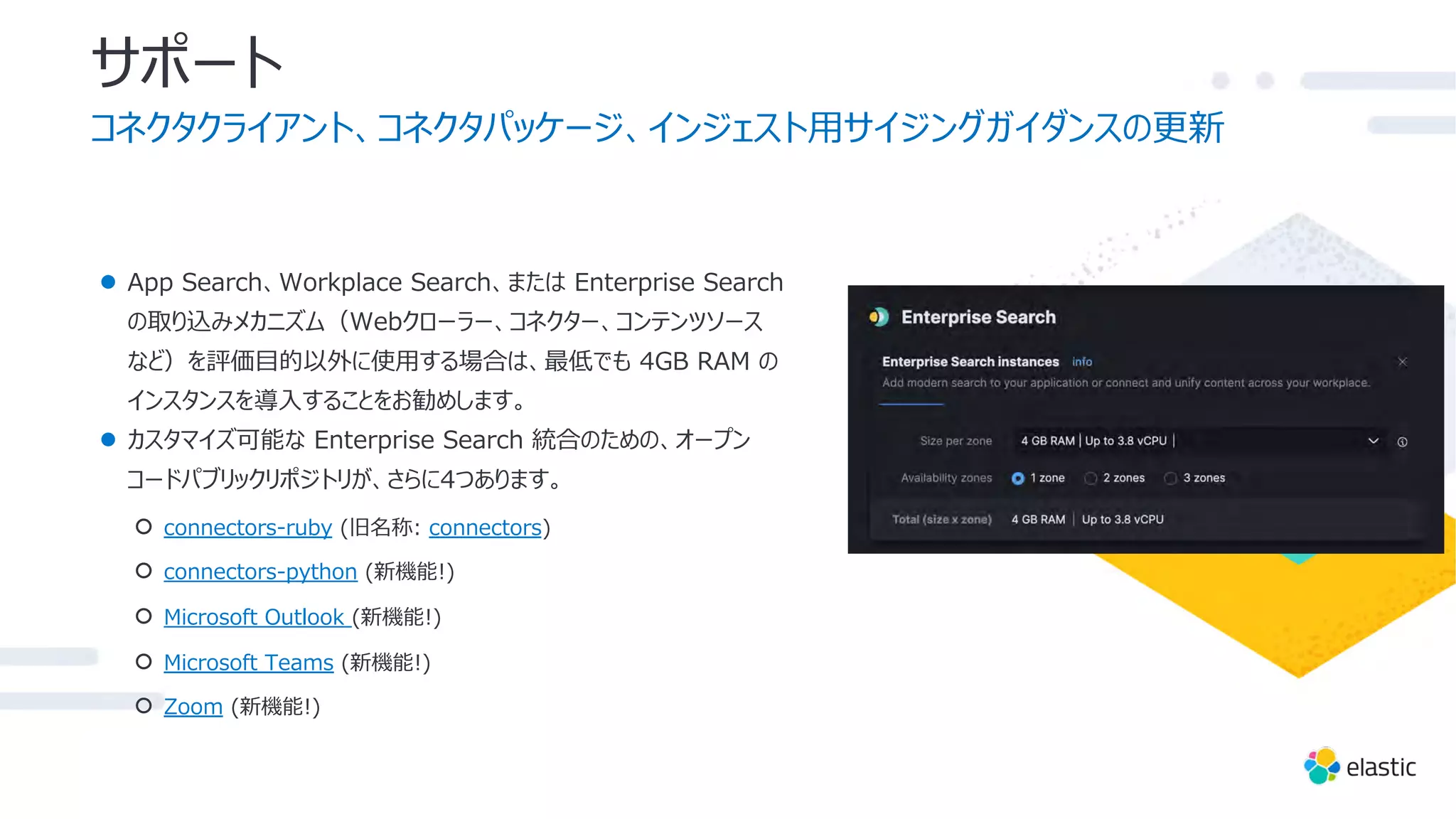 サポート
コネクタクライアント、コネクタパッケージ、インジェスト⽤サイジングガイダンスの更新
● App Search、Workplace Search、または Enterprise Search
の取り込みメカニズム（Webクローラー、コネクター、コンテンツソース
など）を評価⽬的以外に使⽤する場合は、最低でも 4GB RAM の
インスタンスを導⼊することをお勧めします。
● カスタマイズ可能な Enterprise Search 統合のための、オープン
コードパブリックリポジトリが、さらに4つあります。
○ connectors-ruby (旧名称: connectors)
○ connectors-python (新機能!)
○ Microsoft Outlook (新機能!)
○ Microsoft Teams (新機能!)
○ Zoom (新機能!)
 