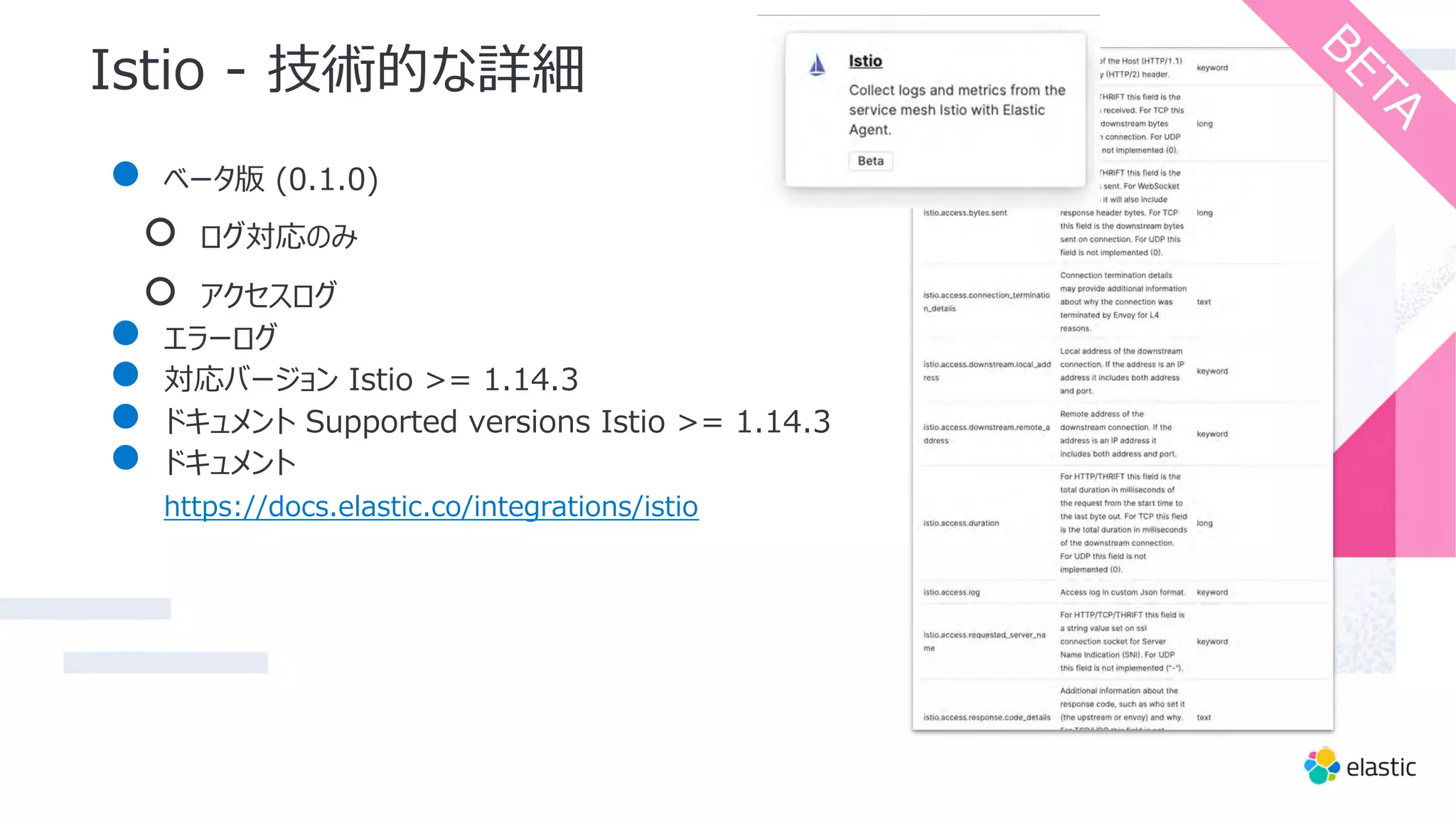 Istio - 技術的な詳細
● ベータ版 (0.1.0)
○ ログ対応のみ
○ アクセスログ
● エラーログ
● 対応バージョン Istio >= 1.14.3
● ドキュメント Supported versions Istio >= 1.14.3
● ドキュメント
https://docs.elastic.co/integrations/istio
B
E
T
A
 