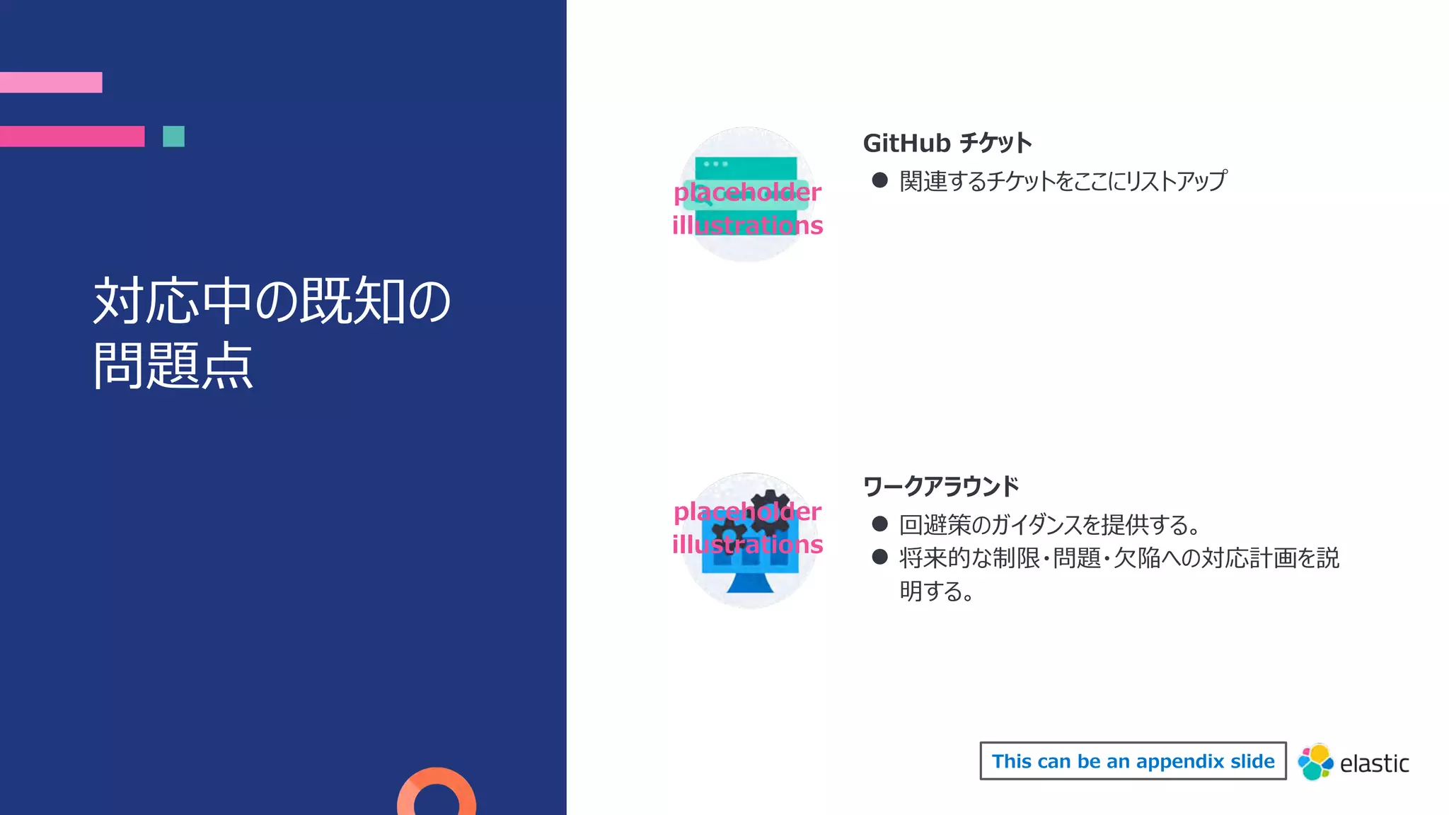 対応中の既知の
問題点
GitHub チケット
● 関連するチケットをここにリストアップ
ワークアラウンド
● 回避策のガイダンスを提供する。
● 将来的な制限・問題・⽋陥への対応計画を説
明する。
placeholder
illustrations
placeholder
illustrations
This can be an appendix slide
 