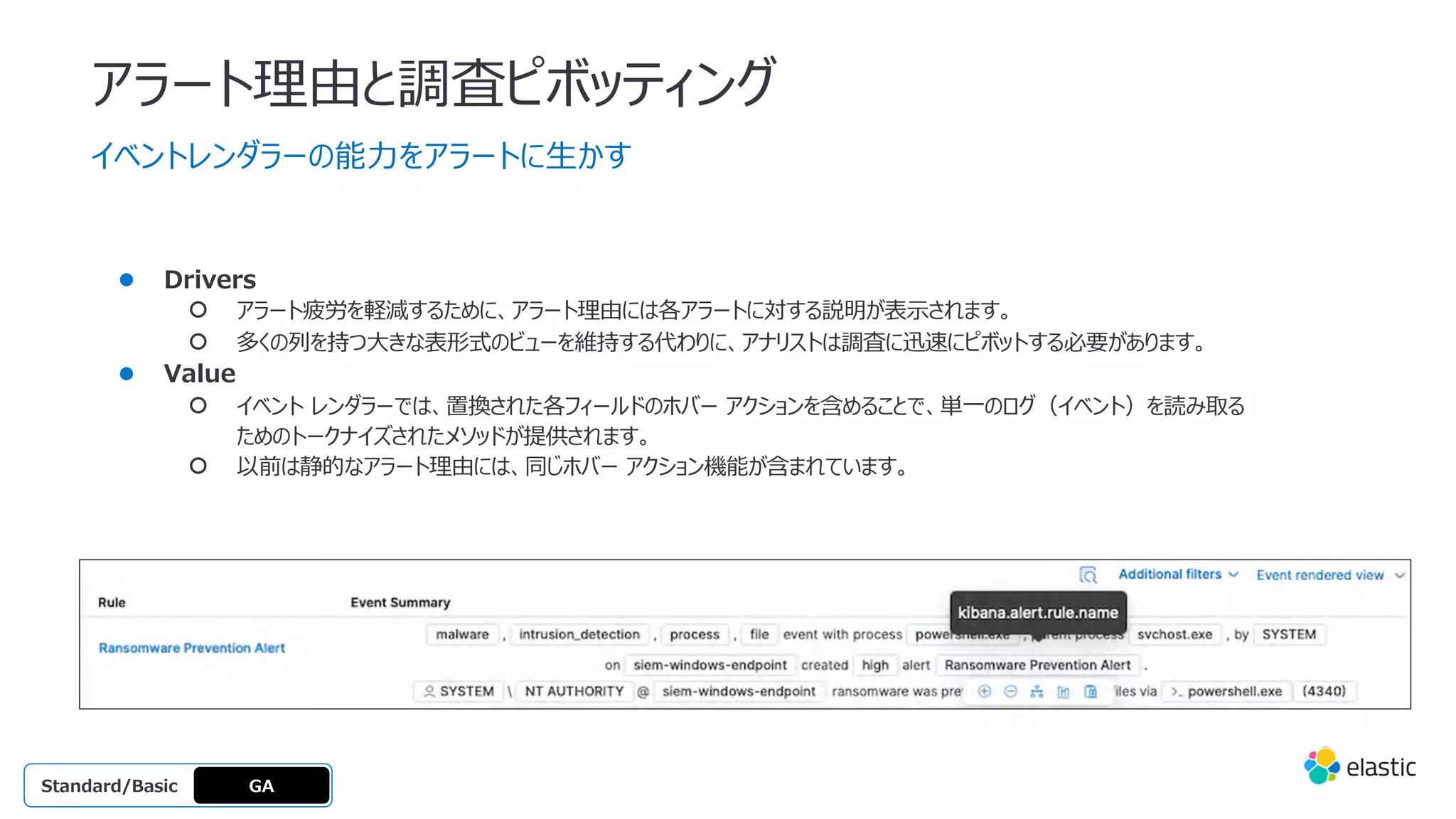 アラート理由と調査ピボッティング
● Drivers
○ アラート疲労を軽減するために、アラート理由には各アラートに対する説明が表⽰されます。
○ 多くの列を持つ⼤きな表形式のビューを維持する代わりに、アナリストは調査に迅速にピボットする必要があります。
● Value
○ イベント レンダラーでは、置換された各フィールドのホバー アクションを含めることで、単⼀のログ（イベント）を読み取る
ためのトークナイズされたメソッドが提供されます。
○ 以前は静的なアラート理由には、同じホバー アクション機能が含まれています。
イベントレンダラーの能⼒をアラートに⽣かす
GA
OSS
Platinum
Enterprise
Gold
Standard/Basic
 
