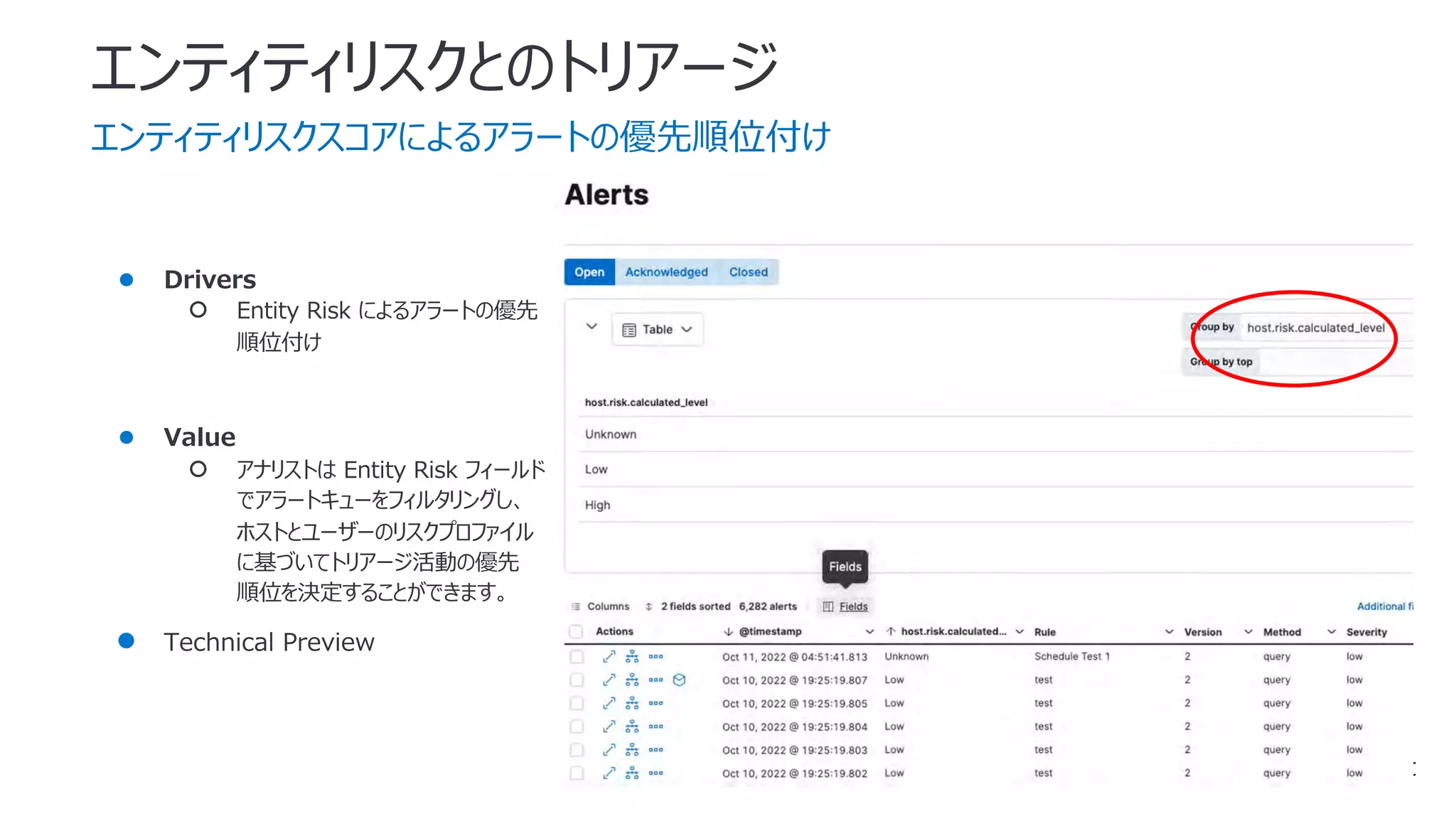 エンティティリスクとのトリアージ
● Drivers
○ Entity Risk によるアラートの優先
順位付け
● Value
○ アナリストは Entity Risk フィールド
でアラートキューをフィルタリングし、
ホストとユーザーのリスクプロファイル
に基づいてトリアージ活動の優先
順位を決定することができます。
● Technical Preview
エンティティリスクスコアによるアラートの優先順位付け
 
