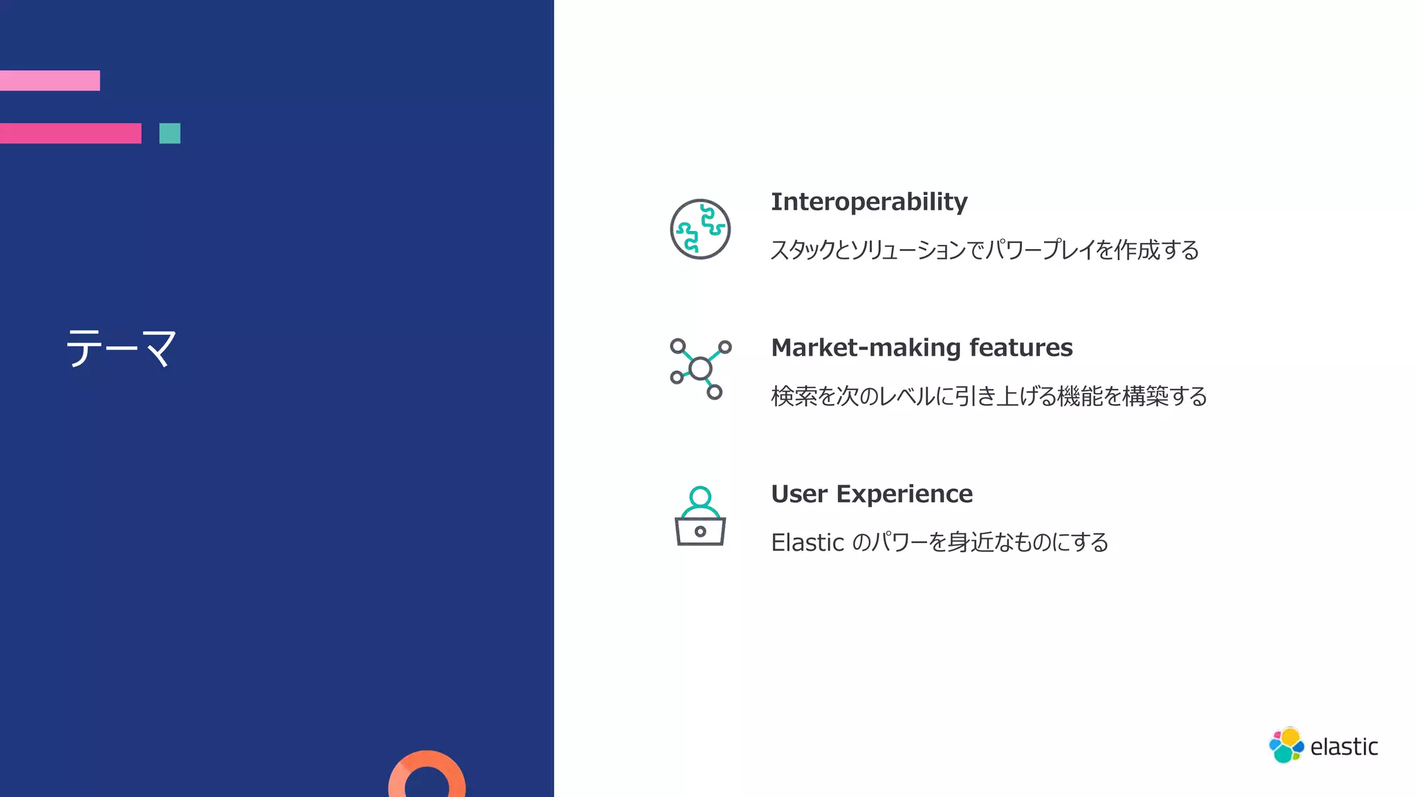 テーマ
Interoperability
スタックとソリューションでパワープレイを作成する
Market-making features
検索を次のレベルに引き上げる機能を構築する
User Experience
Elastic のパワーを⾝近なものにする
 