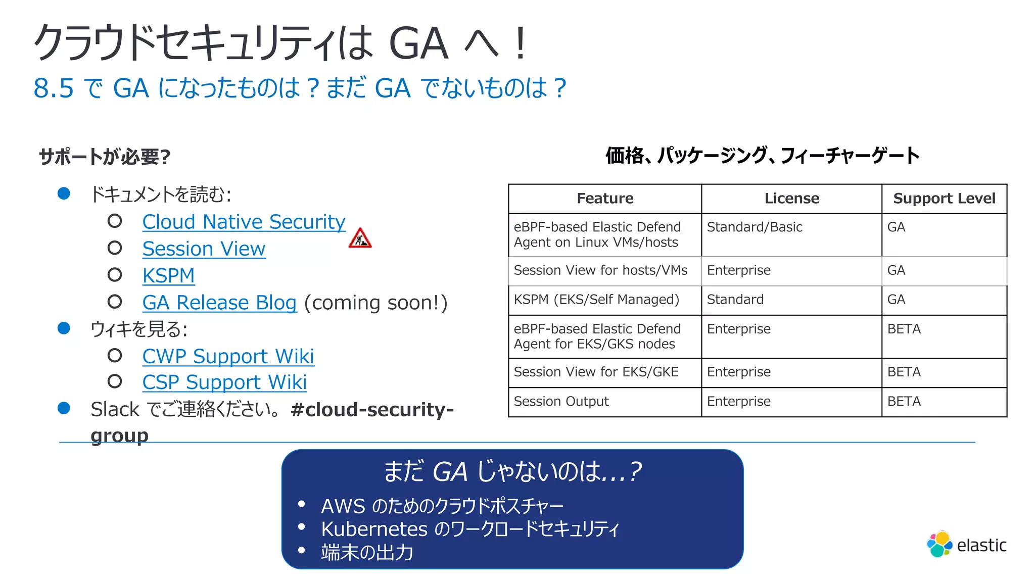 価格、パッケージング、フィーチャーゲート
クラウドセキュリティは GA へ︕
サポートが必要?
● ドキュメントを読む:
○ Cloud Native Security
○ Session View
○ KSPM
○ GA Release Blog (coming soon!)
● ウィキを⾒る:
○ CWP Support Wiki
○ CSP Support Wiki
● Slack でご連絡ください。 #cloud-security-
group
8.5 で GA になったものは︖まだ GA でないものは︖
Feature License Support Level
eBPF-based Elastic Defend
Agent on Linux VMs/hosts
Standard/Basic GA
Session View for hosts/VMs Enterprise GA
KSPM (EKS/Self Managed) Standard GA
eBPF-based Elastic Defend
Agent for EKS/GKS nodes
Enterprise BETA
Session View for EKS/GKE Enterprise BETA
Session Output Enterprise BETA
まだ GA じゃないのは...?
• AWS のためのクラウドポスチャー
• Kubernetes のワークロードセキュリティ
• 端末の出⼒
 