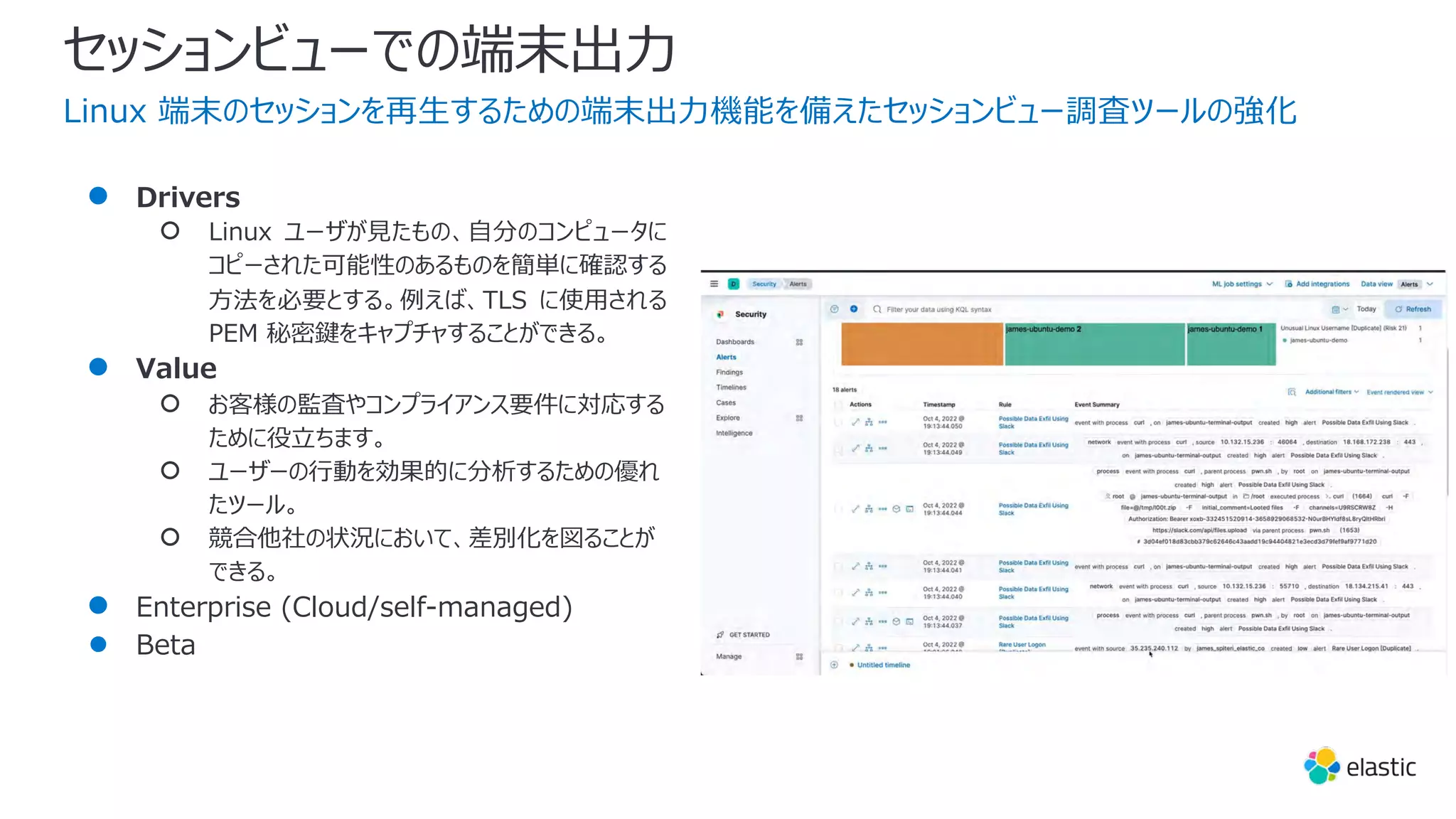 セッションビューでの端末出⼒
Linux 端末のセッションを再⽣するための端末出⼒機能を備えたセッションビュー調査ツールの強化
● Drivers
○ Linux ユーザが⾒たもの、⾃分のコンピュータに
コピーされた可能性のあるものを簡単に確認する
⽅法を必要とする。例えば、TLS に使⽤される
PEM 秘密鍵をキャプチャすることができる。
● Value
○ お客様の監査やコンプライアンス要件に対応する
ために役⽴ちます。
○ ユーザーの⾏動を効果的に分析するための優れ
たツール。
○ 競合他社の状況において、差別化を図ることが
できる。
● Enterprise (Cloud/self-managed)
● Beta
 