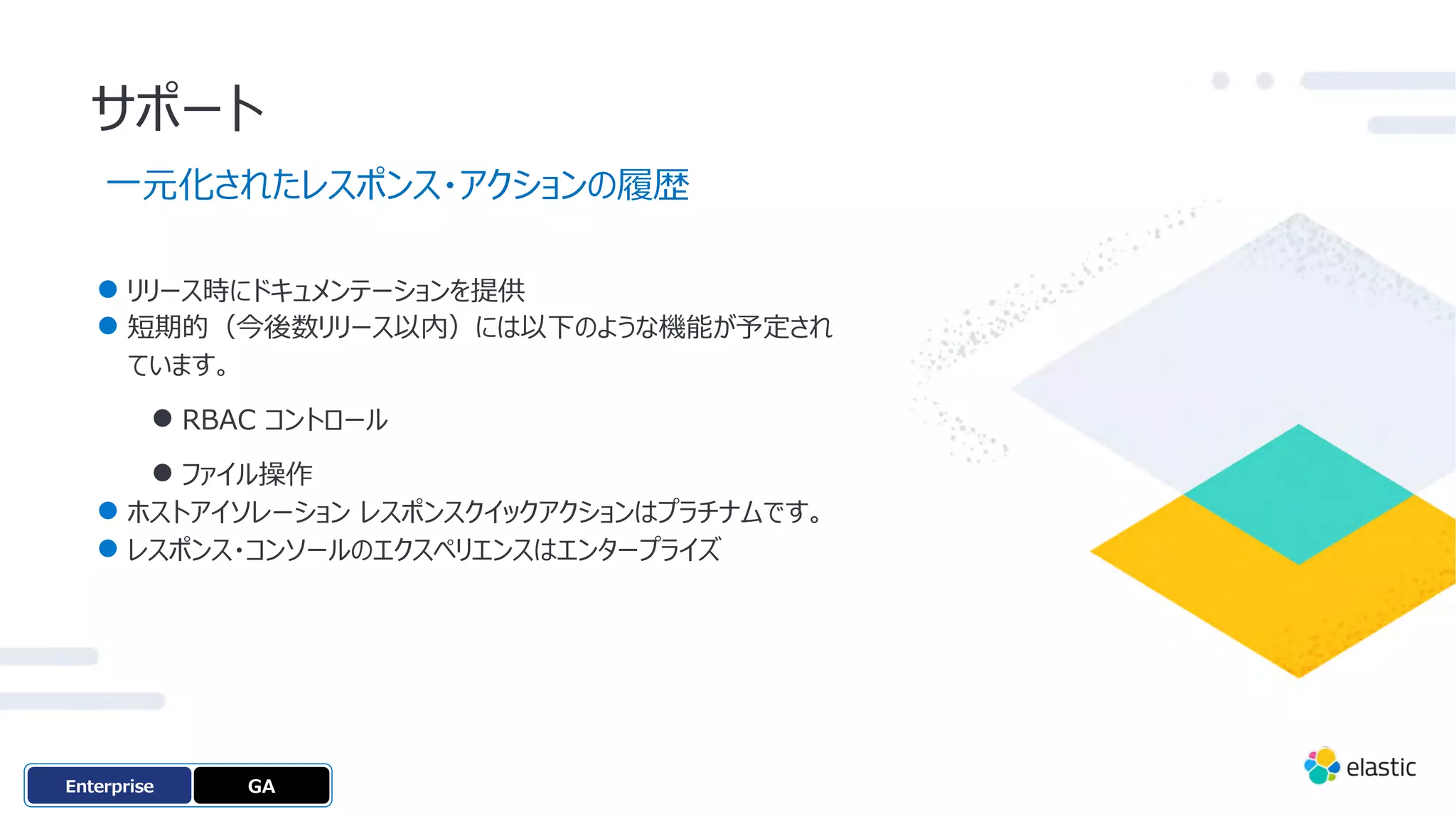 サポート
⼀元化されたレスポンス・アクションの履歴
● リリース時にドキュメンテーションを提供
● 短期的（今後数リリース以内）には以下のような機能が予定され
ています。
● RBAC コントロール
● ファイル操作
● ホストアイソレーション レスポンスクイックアクションはプラチナムです。
● レスポンス・コンソールのエクスペリエンスはエンタープライズ
GA
OSS
Enterprise
 