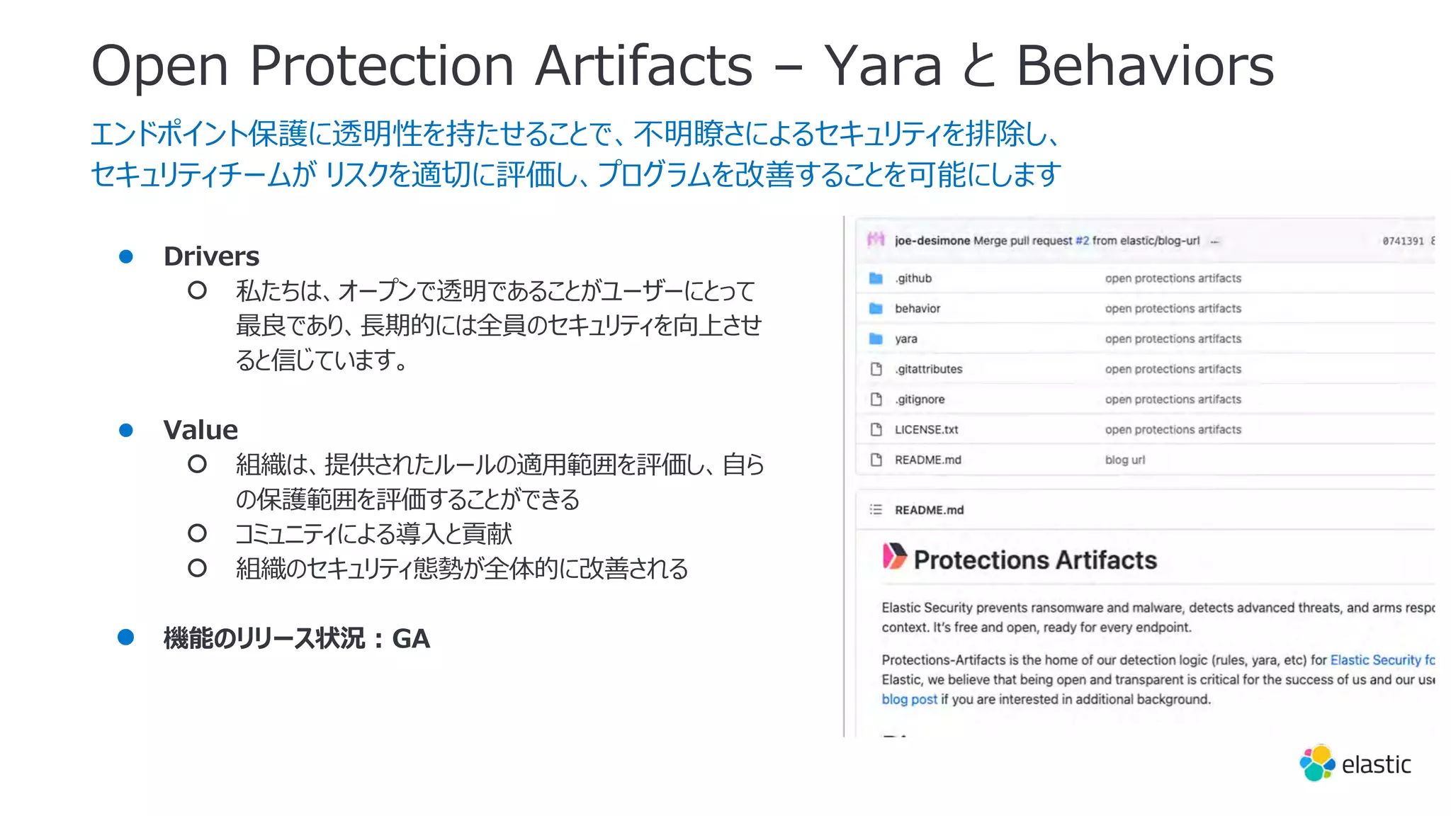 Open Protection Artifacts – Yara と Behaviors
エンドポイント保護に透明性を持たせることで、不明瞭さによるセキュリティを排除し、
セキュリティチームが リスクを適切に評価し、プログラムを改善することを可能にします
● Drivers
○ 私たちは、オープンで透明であることがユーザーにとって
最良であり、⻑期的には全員のセキュリティを向上させ
ると信じています。
● Value
○ 組織は、提供されたルールの適⽤範囲を評価し、⾃ら
の保護範囲を評価することができる
○ コミュニティによる導⼊と貢献
○ 組織のセキュリティ態勢が全体的に改善される
● 機能のリリース状況 : GA
 