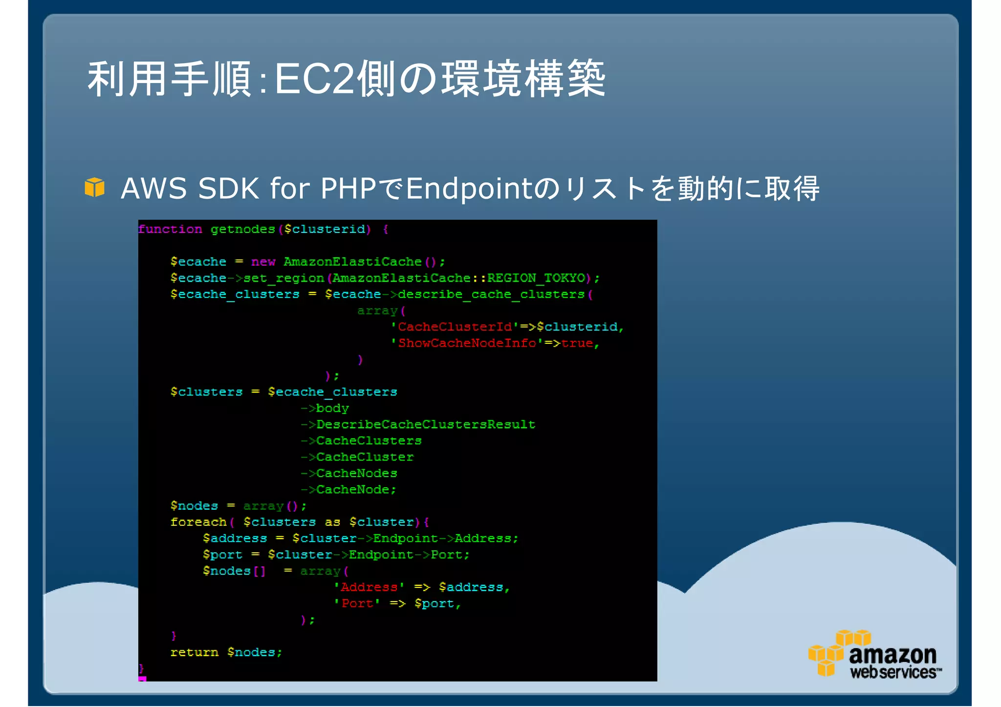 利用手順：EC2側の環境構築

AWS SDK for PHPでEndpointのリストを動的に取得
 