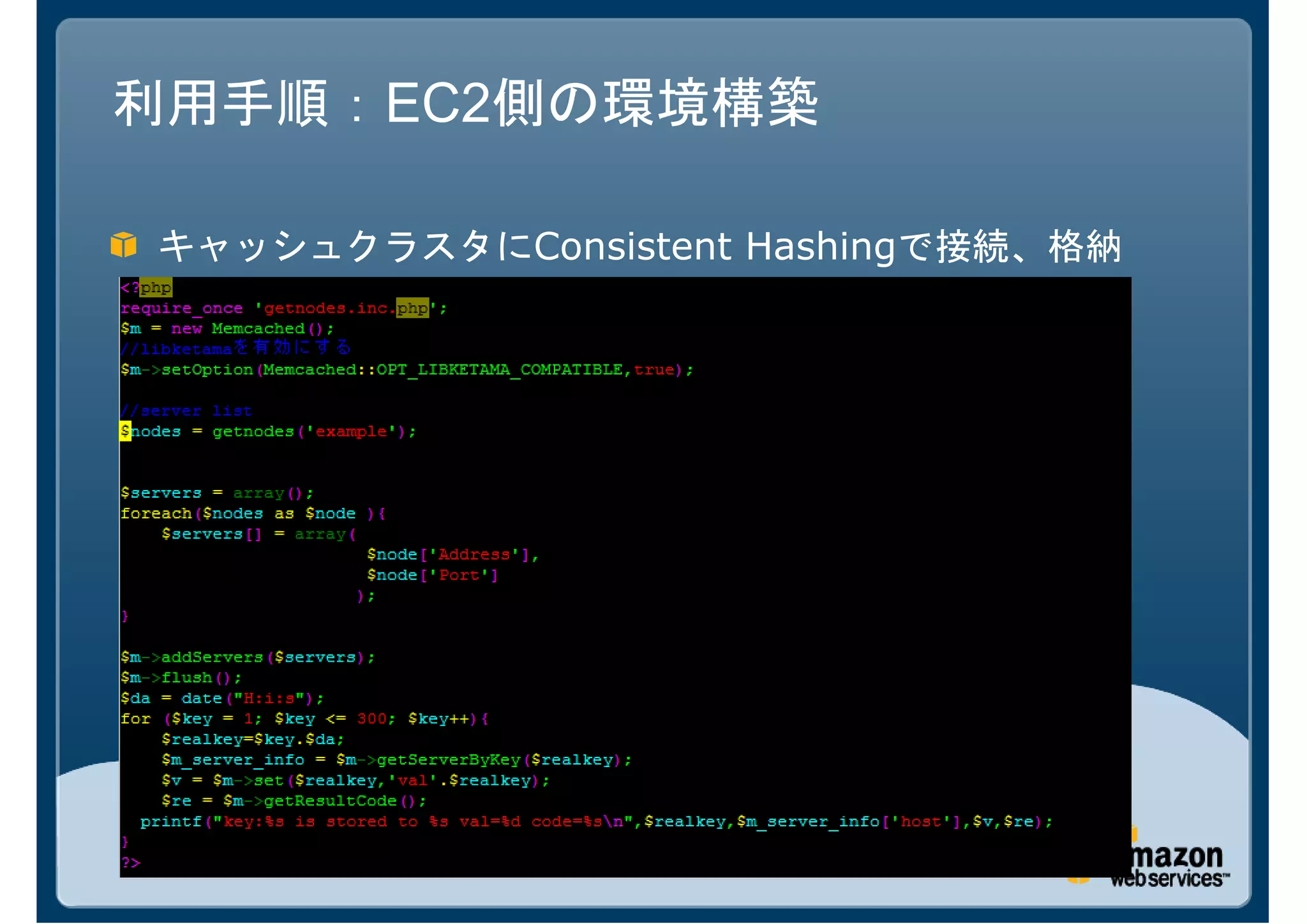 利用手順：EC2側の環境構築

キャッシュクラスタにConsistent Hashingで接続、格納
 