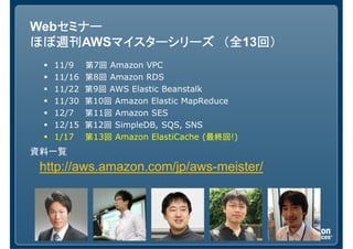 セミナー
Webセミナー
ほぼ週刊AWSマイスターシリーズ （全 回）
ほぼ週刊    マイスターシリーズ （全13回）
   11/9    第7回 Amazon VPC
   11/16   第8回 Amazon RDS
   11/22   第9回 AWS Elastic Beanstalk
   11/30   第10回 Amazon Elastic MapReduce
   12/7    第11回 Amazon SES
   12/15   第12回 SimpleDB, SQS, SNS
   1/17    第13回 Amazon ElastiCache (最終回!)
資料一覧
 http://aws.amazon.com/jp/aws-meister/
 