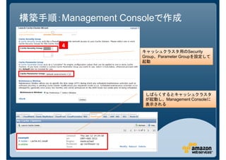構築手順：Management Consoleで作成

      4
                   キャッシュクラスタ用のSecurity
                   Group、Parameter Groupを設定して
                   起動




                    しばらくするとキャッシュクラスタ
                    が起動し、Management Consoleに
                    表示される
 