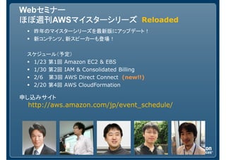 セミナー
Webセミナー
ほぼ週刊AWSマイスターシリーズ Reloaded
ほぼ週刊    マイスターシリーズ
   昨年のマイスターシリーズを最新版にアップデート！
   新コンテンツ、新スピーカーも登場！

 スケジュール（予定）
  1/23 第1回 Amazon EC2 & EBS
  1/30 第2回 IAM & Consolidated Billing
  2/6 第3回 AWS Direct Connect (new!!)
  2/20 第4回 AWS CloudFormation

申し込みサイト
 http://aws.amazon.com/jp/event_schedule/
 