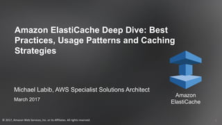1
Michael Labib, AWS Specialist Solutions Architect
March 2017
Amazon ElastiCache Deep Dive: Best
Practices, Usage Patterns and Caching
Strategies
Amazon
ElastiCache
©	2017,	Amazon	Web	Services,	Inc.	or	its	Affiliates.	All	rights	reserved.
 