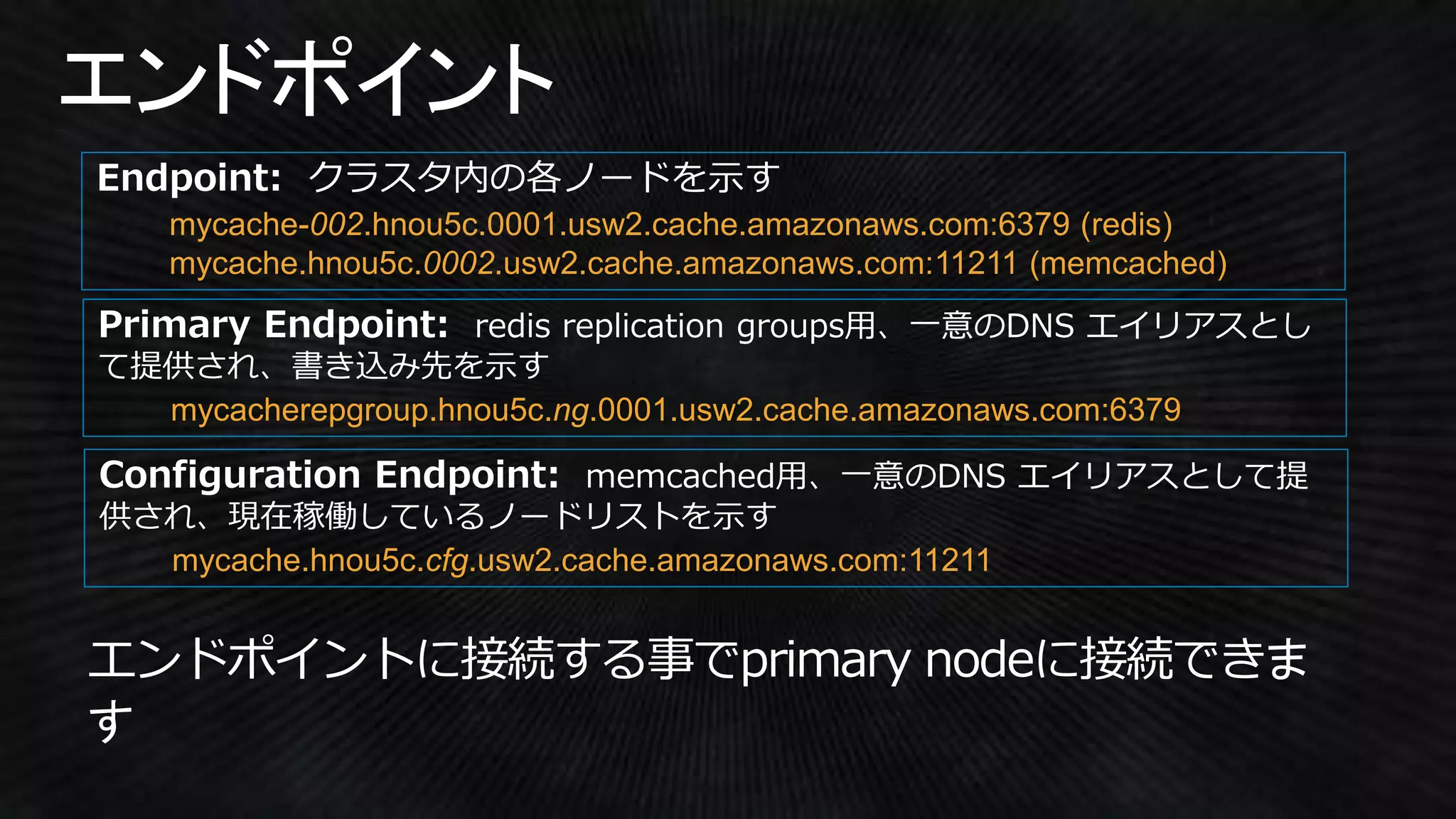 mycache-002.hnou5c.0001.usw2.cache.amazonaws.com:6379 (redis)
mycache.hnou5c.0002.usw2.cache.amazonaws.com:11211 (memcached)
mycache.hnou5c.cfg.usw2.cache.amazonaws.com:11211
mycacherepgroup.hnou5c.ng.0001.usw2.cache.amazonaws.com:6379
 