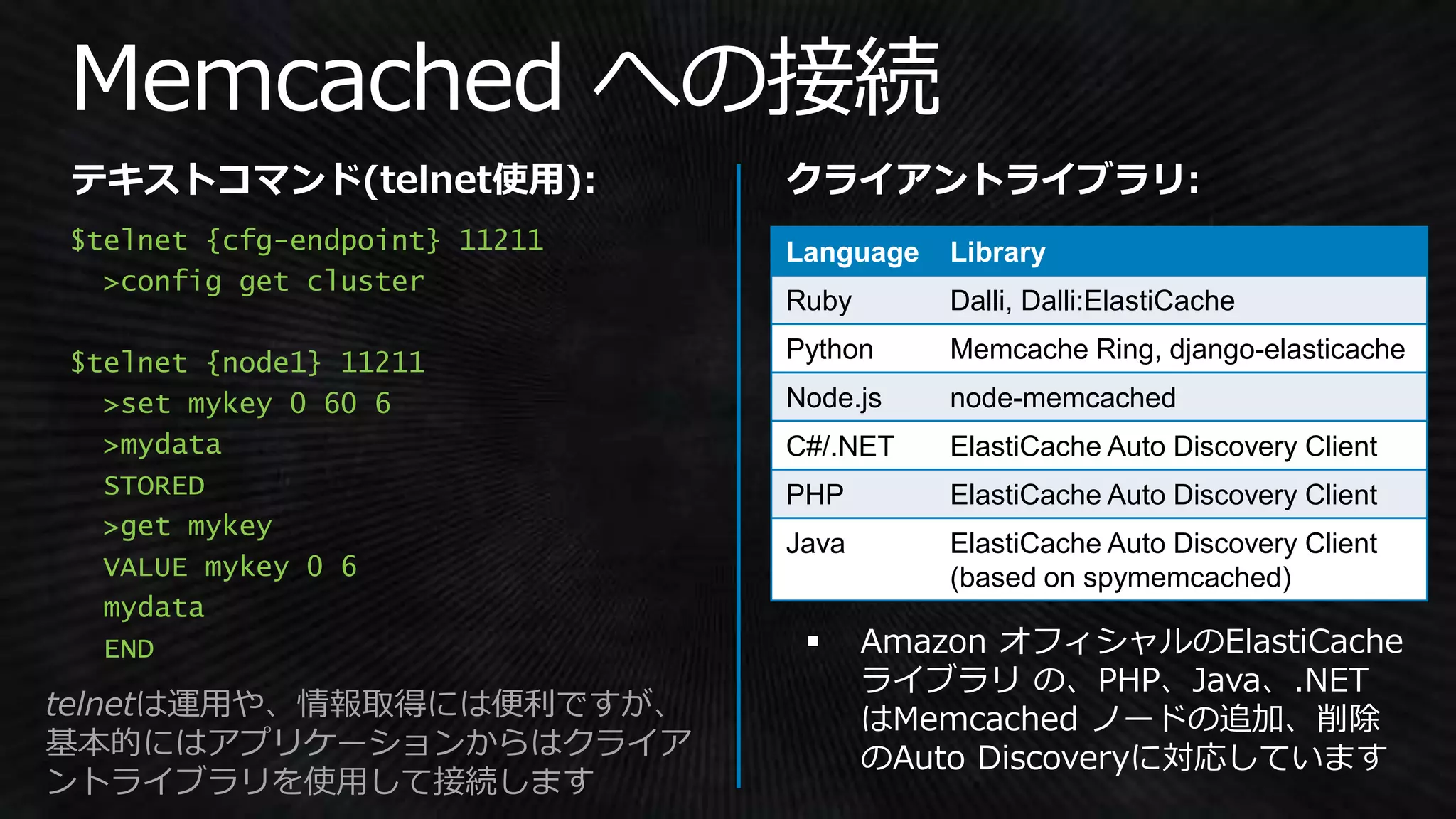 telnetは運用や、情報取得には便利ですが、
基本的にはアプリケーションからはクライア
ントライブラリを使用して接続します
Language Library
Ruby Dalli, Dalli:ElastiCache
Python Memcache Ring, django-elasticache
Node.js node-memcached
C#/.NET ElastiCache Auto Discovery Client
PHP ElastiCache Auto Discovery Client
Java ElastiCache Auto Discovery Client
(based on spymemcached)
$telnet {cfg-endpoint} 11211
>config get cluster
$telnet {node1} 11211
>set mykey 0 60 6
>mydata
STORED
>get mykey
VALUE mykey 0 6
mydata
END
 