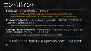 mycache-002.hnou5c.0001.usw2.cache.amazonaws.com:6379 (redis)
mycache.hnou5c.0002.usw2.cache.amazonaws.com:11211 (memcached)
mycache.hnou5c.cfg.usw2.cache.amazonaws.com:11211
mycacherepgroup.hnou5c.ng.0001.usw2.cache.amazonaws.com:6379
 