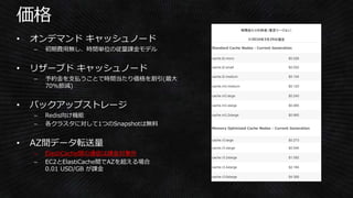 • オンデマンド キャッシュノード
– 初期費用無し、時間単位の従量課金モデル
• リザーブド キャッシュノード
– 予約金を支払うことで時間当たり価格を割引(最大
70%節減)
• バックアップストレージ
– Redis向け機能
– 各クラスタに対して1つのSnapshotは無料
• AZ間データ転送量
– ElastiCache間の通信は課金対象外
– EC2とElastiCache間でAZを超える場合
0.01 USD/GB が課金
時間あたりの料金（東京リージョン）
※2016年3月29日現在
Standard Cache Nodes - Current Generation
cache.t2.micro $0.026
cache.t2.small $0.052
cache.t2.medium $0.104
cache.m3.medium $0.120
cache.m3.large $0.240
cache.m3.xlarge $0.485
cache.m3.2xlarge $0.965
Memory Optimized Cache Nodes - Current Generation
cache.r3.large $0.273
cache.r3.xlarge $0.546
cache.r3.2xlarge $1.092
cache.r3.4xlarge $2.184
cache.r3.8xlarge $4.368
 