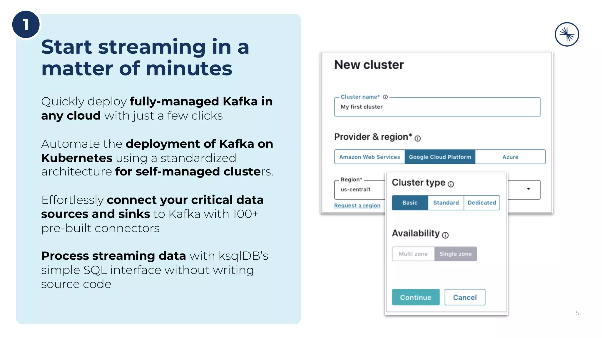 5 Start streaming in a matter of minutes Quickly deploy fully-managed Kafka in any cloud with just a few clicks Automate the deployment of Kafka on Kubernetes using a standardized architecture for self-managed clusters. Effortlessly connect your critical data sources and sinks to Kafka with 100+ pre-built connectors Process streaming data with ksqlDB’s simple SQL interface without writing source code 1 