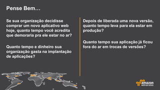 Pense Bem…
Se sua organização decidisse
comprar um novo aplicativo web
hoje, quanto tempo você acredita
que demoraria pra ele estar no ar?
Quanto tempo e dinheiro sua
organização gasta na implantação
de aplicações?
Depois de liberada uma nova versão,
quanto tempo leva para ela estar em
produção?
Quanto tempo sua aplicação já ficou
fora do ar em trocas de versões?
 