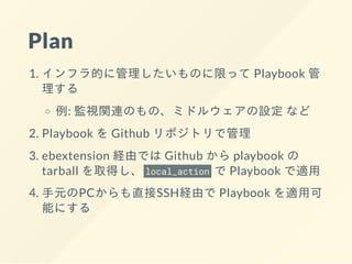 Plan
1. インフラ的に管理したいものに限って Playbook 管
理する
例: 監視関連のもの、ミドルウェアの設定 など
2. Playbook を Github リポジトリで管理
3. ebextension 経由では Github から playbook の
tarball を取得し、 local_action で Playbook で適⽤
4. ⼿元のPCからも直接SSH経由で Playbook を適⽤可
能にする
 