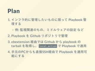 Plan
1. インフラ的に管理したいものに限って Playbook 管
理する
例: 監視関連のもの、ミドルウェアの設定 など
2. Playbook を Github リポジトリで管理
3. ebextension 経由では Github ...