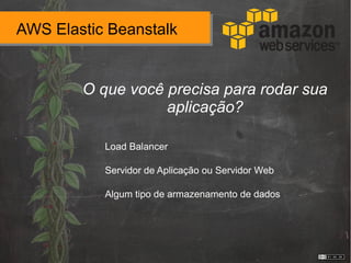 AWS Elastic Beanstalk
O que você precisa para rodar sua
aplicação?
Load Balancer
Servidor de Aplicação ou Servidor Web
Algum tipo de armazenamento de dados
 