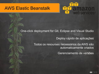 AWS Elastic Beanstalk
One-click deployment for Git, Eclipse and Visual Studio
Deploy rápido de aplicações
Todos os resourses necessários da AWS são
automaticamente criados
Gerenciamento de versões
 
