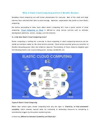 What is Elastic Cloud Computing and how it Benefits Business
Nowadays cloud computing are well known phenomenon for everyone. Most of the small and large
business have switched their data to cloud storage. Moreover, organization also prefer to have elastic
computing.
But before proceeding to know more about elastic computing let’s have a quick outline of cloud
computing. Cloud Computing or Cloud is defined as using various services such as software
development platforms, servers, storage, over the Internet.
So, what does Elastic Cloud Computing mean?
Elastic computing is nothing but a concept in cloud computing in which computing resources can be
scaled up and down easily by the cloud service provider. Cloud service provider gives you provision to
flexible computing power when and wherever required. The elasticity of these resources depends upon
the following factors such as processing power, storage, bandwidth, etc.
Types of Elastic Cloud Computing
Rather than various types, elastic computing have only one type i.e. Elasticity, or fully-automated
scalability which removes manual labor for increasing or decreasing resources as everything is
controlled by triggers by the system monitoring tools.
Is there any difference between Scalability and Elasticity?
 