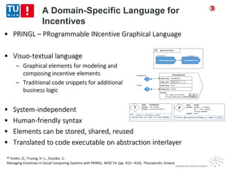 A Domain-Specific Language for
Incentives
[6] Scekic, O., Truong, H.-L., Dustdar, S.:
Managing Incentives in Social Computing Systems with PRINGL. WISE’14 (pp. 415—424), Thessaloniki, Greece
 PRINGL – PRogrammable INcentive Graphical Language
 Visuo-textual language
– Graphical elements for modeling and
composing incentive elements
– Traditional code snippets for additional
business logic
 System-independent
 Human-friendly syntax
 Elements can be stored, shared, reused
 Translated to code executable on abstraction interlayer
③
 