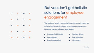 But you don’t get holistic
solutions for employee
engagement
The business growth, productivity, performance & customer
satisfaction is directly related to employee engagement.
However, current solutions have issues.
● Fragmented & Siloed
● Complicated
● Poor business ROI
● Feature driven
● Low adoption
● High costs
 