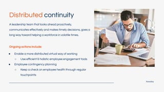 Xoxoday
Distributed continuity
A leadership team that looks ahead proactively,
communicates eﬀectively and makes timely decisions, goes a
long way toward helping a workforce in volatile times.
Ongoing actions include:
● Enable a more distributed virtual way of working
○ Use eﬃcient & holistic employee engagement tools
● Employee contingency planning
○ Keep a check on employee health through regular
touchpoints
 