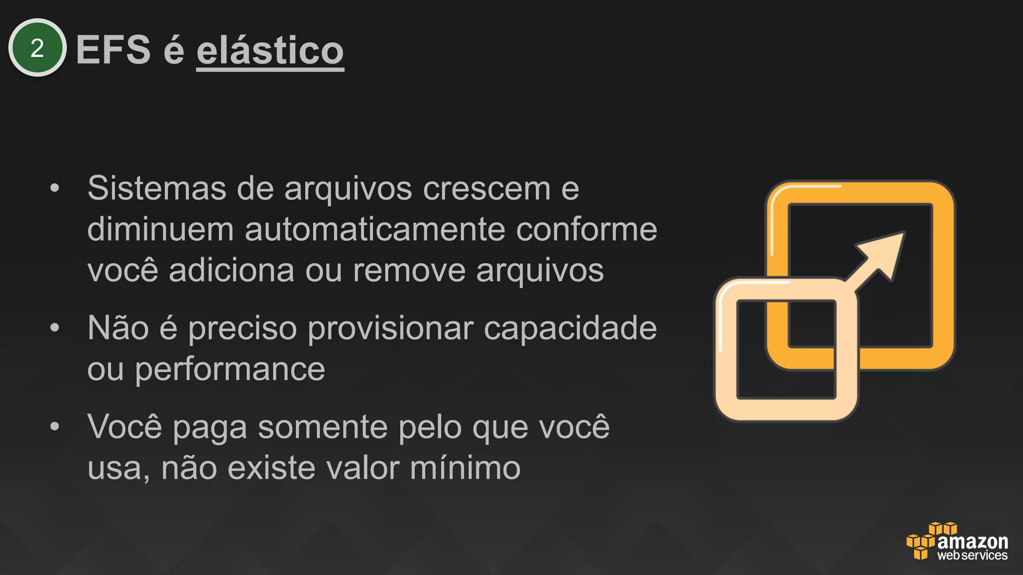 EFS é elástico
• Sistemas de arquivos crescem e
diminuem automaticamente conforme
você adiciona ou remove arquivos
• Não é preciso provisionar capacidade
ou performance
• Você paga somente pelo que você
usa, não existe valor mínimo
2
 