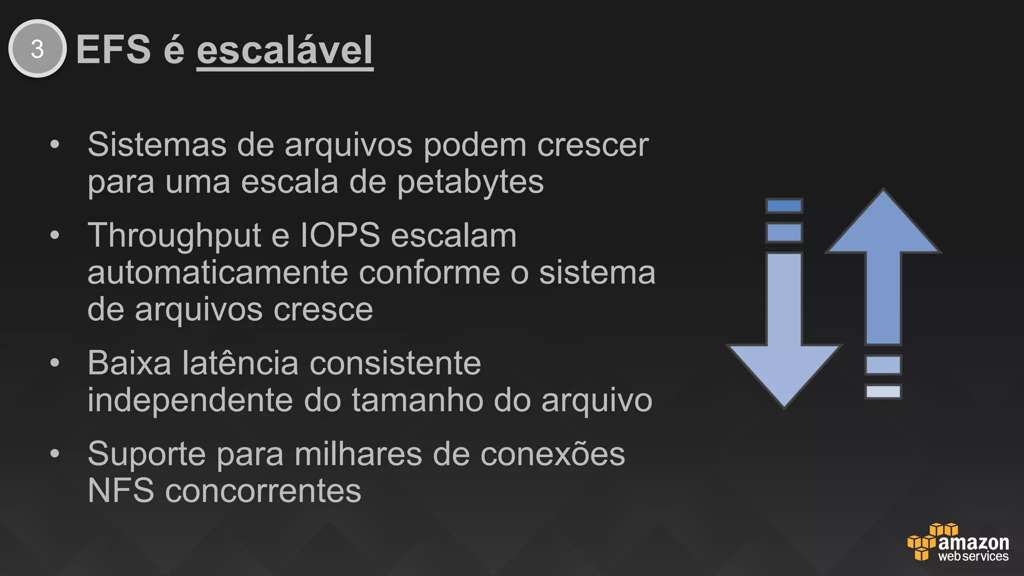 • Sistemas de arquivos podem crescer
para uma escala de petabytes
• Throughput e IOPS escalam
automaticamente conforme o sistema
de arquivos cresce
• Baixa latência consistente
independente do tamanho do arquivo
• Suporte para milhares de conexões
NFS concorrentes
EFS é escalável3
 