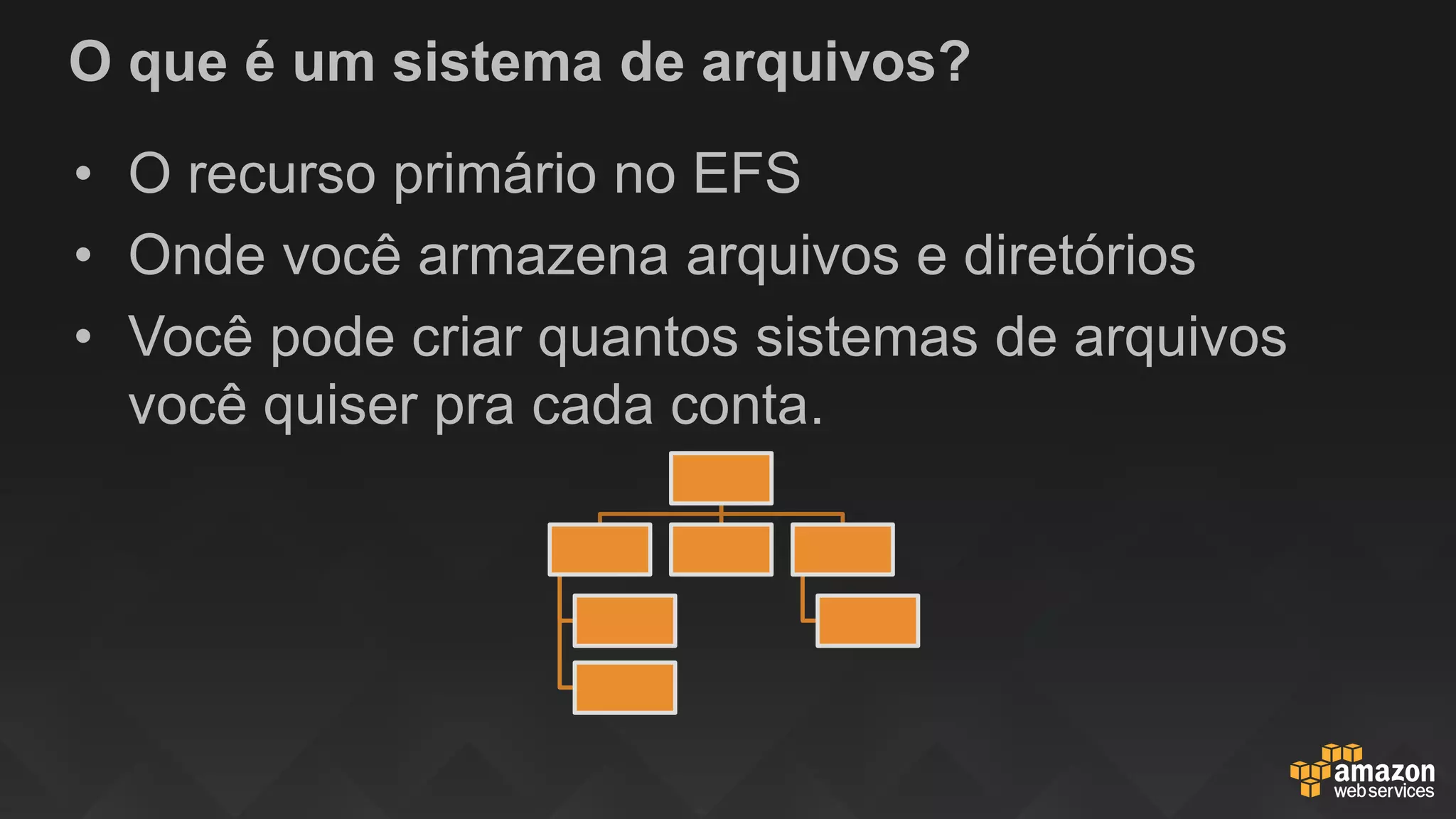 O que é um sistema de arquivos?
• O recurso primário no EFS
• Onde você armazena arquivos e diretórios
• Você pode criar quantos sistemas de arquivos
você quiser pra cada conta.
 