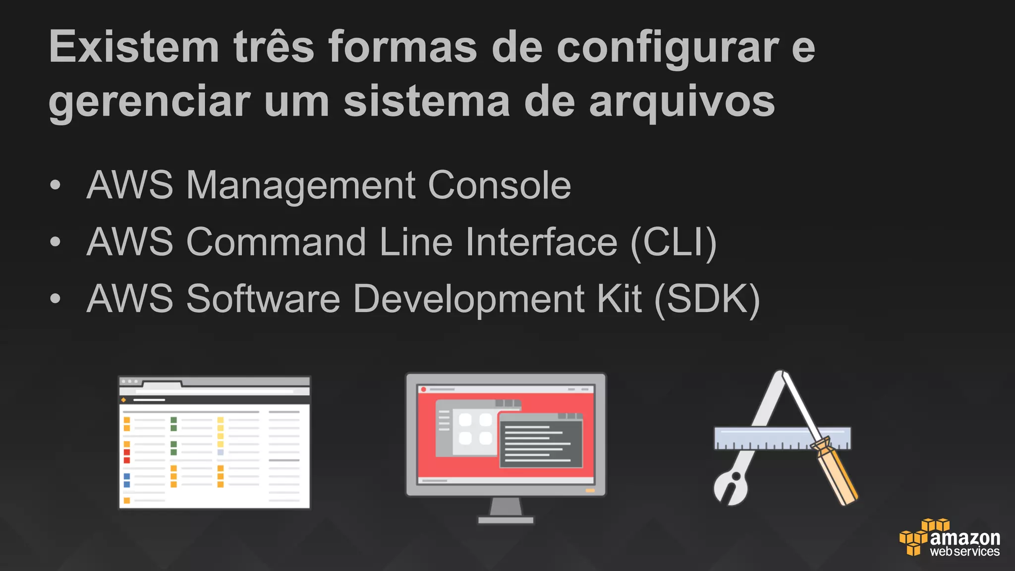 Existem três formas de configurar e
gerenciar um sistema de arquivos
• AWS Management Console
• AWS Command Line Interface (CLI)
• AWS Software Development Kit (SDK)
 