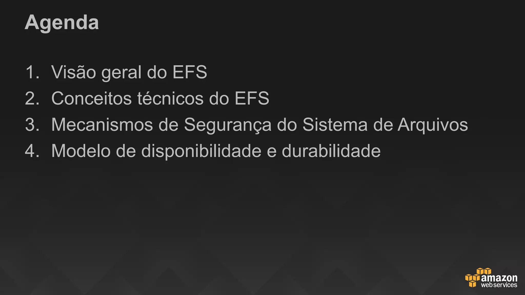 Agenda
1. Visão geral do EFS
2. Conceitos técnicos do EFS
3. Mecanismos de Segurança do Sistema de Arquivos
4. Modelo de disponibilidade e durabilidade
 