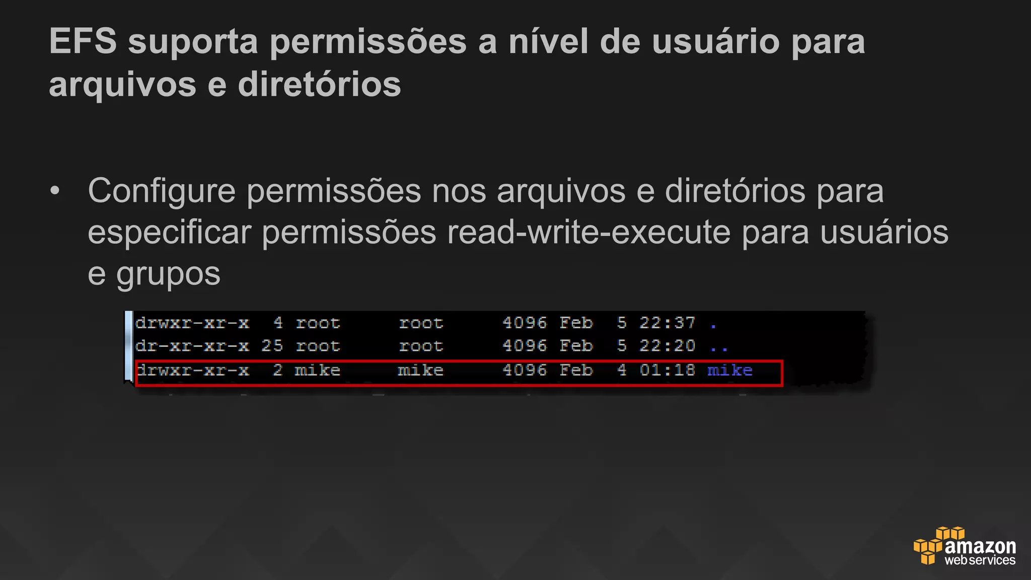EFS suporta permissões a nível de usuário para
arquivos e diretórios
• Configure permissões nos arquivos e diretórios para
especificar permissões read-write-execute para usuários
e grupos
 